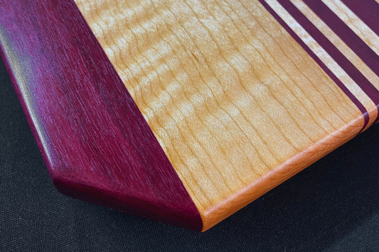 Curly Maple & Purple Heart Cutting Board/Serving Tray - 12" x 20" x .75" with Stainless Steel Feet