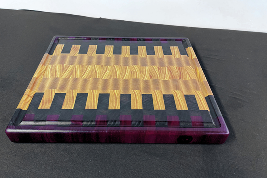 End Grain Purple Heart, Peruvian Walnut, Hard Maple & Ky Coffee Bean Cutting Board - 12" x 14" x 1.375"