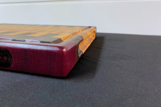 End Grain Purple Heart, Peruvian Walnut, Hard Maple & Ky Coffee Bean Cutting Board - 12" x 14" x 1.375"