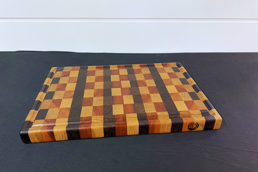 End Grain Cutting Board – White Oak, Niove & Peruvian Walnut Checkerboard Design- 11.5" x 16.75" x 1.25"